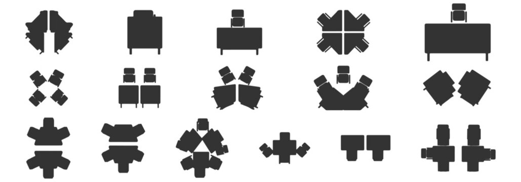 Classroom furniture silhouette CAD blocks, desks chairs teacher table, top view architectural symbols, vector &ndash; Professional CAD Architectural Vector Collection