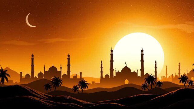 This stylized animated desert landscape features a serene silhouette of an ancient city skyline against a dramatic, warm orange and yellow sky. Majestic domes and towering minarets rise above gently r