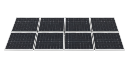 Eight dark solar panels with white frames arranged in two rows on black background energy electricity