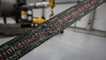 Medium shot of narrow sensorized safety webbing with colorchange yarn highlighting stress points on durable straps for industrial load monitoring applications.