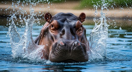 Fototapeta premium Captivating close-up of a hippopotamus emerging from the water with splashes of water