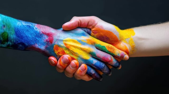 Colorful handshakes symbolize unity and collaboration between diverse individuals during an art event