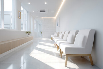 A long hallway with white walls and white chairs