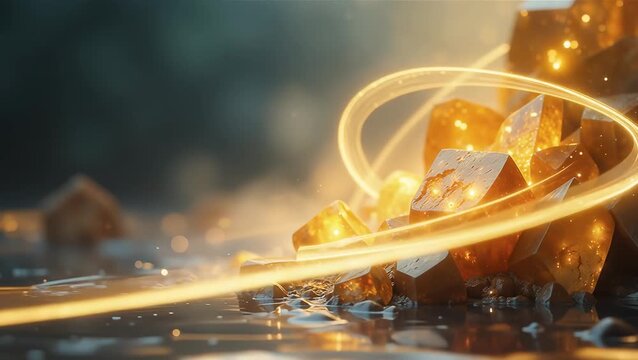 Glimmering Gold Crystals Surrounded by Soft Light Reflection on Water Surface