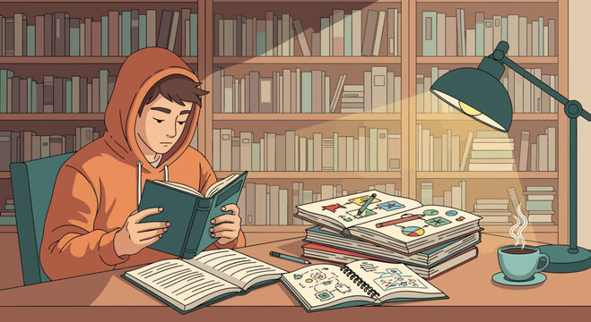 Young adult reading a book indoors.