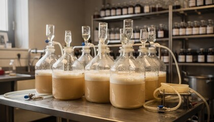 Medium shot of a yeast propagation setup highlighting small carboys filled with growing yeast culture in a controlled environment showcasing artisanal preparation for brewing