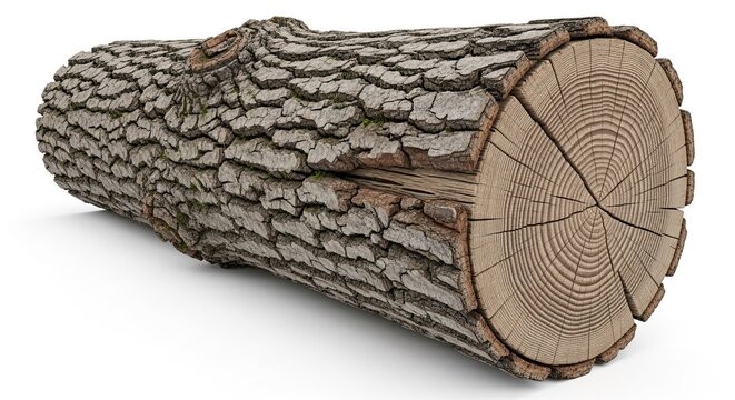 Isolated tree log on a white background displaying the annual growth rings pattern