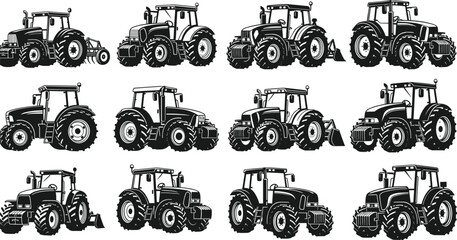 Agricultural tractor silhouettes set, black and white vector illustration of modern farm machinery and heavy equipment for harvesting and field work cultivation isolated © MdShahadot