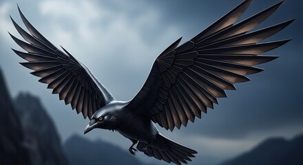 Obraz premium Majestic Black Raven Soaring Through Cloudy Skies, Symbol of Mystery and Freedom