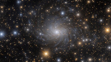 Naklejka premium Serene view of an open star field with sparkling stars of various sizes and brightness surrounded by faint cosmic clouds and interstellar matter gently illuminating the galaxy