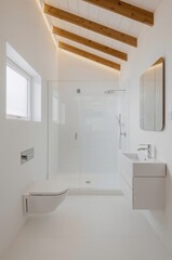 White bathroom design with glass shower enclosure toilet and vanity creating minimal lifestyle space