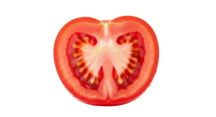 Close up of a ripe red tomato cut in half showing seeds and pulp fruit vegetable