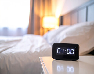Digital alarm clock showing 4 AM on bedside table in a cozy bedroom