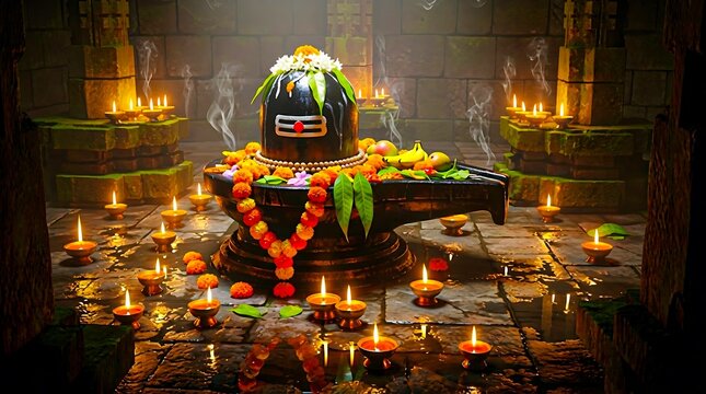 Sacred shiva lingam worship with flowers lamps and spiritual ambiance
