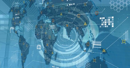 Animation of digital interface and data processing over world map on blue background - Powered by Adobe