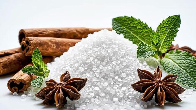 Pile of white sugar with cinnamon sticks, star anise, and mint leaves