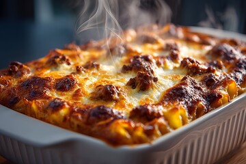 Steaming Macro Close-Up of Rustic Baked Pasta Casserole with Meatballs and Golden Bubbling Cheese