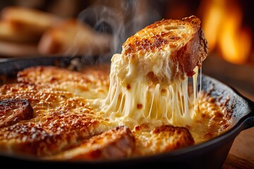 Rustic Cast Iron Skillet Fondue with Steaming Cheese Pull and Toasted Bread