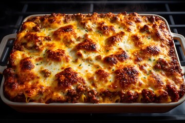 Steaming Macro Close-Up of Rustic Baked Pasta Casserole with Meatballs and Golden Bubbling Cheese