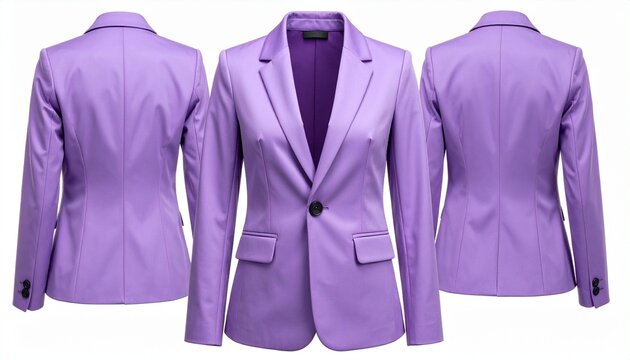Purple women&rsquo;s blazer with notched lapels, single-button closure, tailored fit, fashion retail showcase