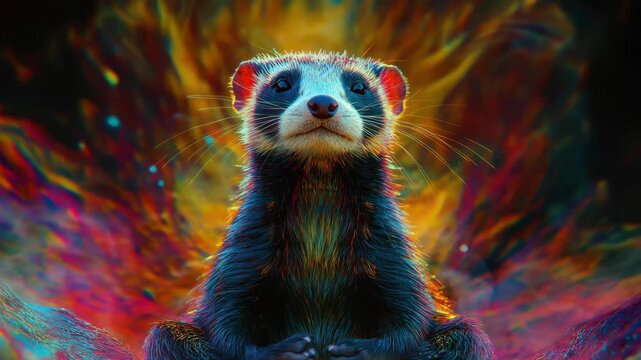 Unique and colorful art representation of a ferret surrounded by vibrant abstract patterns