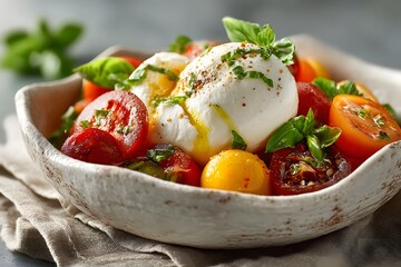 Creamy Burrata Caprese Salad with Heirloom Cherry Tomatoes and Fresh Basil in a Rustic Ceramic Bowl