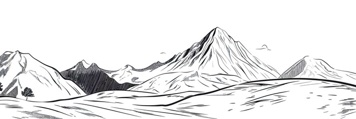 Black and white hand drawn ink sketch of panoramic mountain range landscape with detailed peaks and open valley plain in minimalist style vector illustration