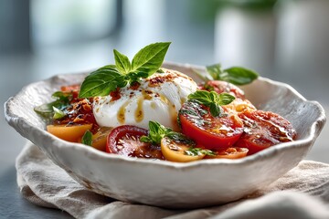 Creamy Burrata Caprese Salad with Heirloom Cherry Tomatoes and Fresh Basil in a Rustic Ceramic Bowl