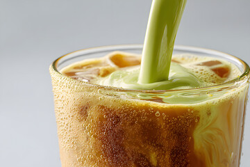 Pouring Creamy Matcha Milk into Iced Espresso Creating Swirling Dirty Matcha Latte Layers