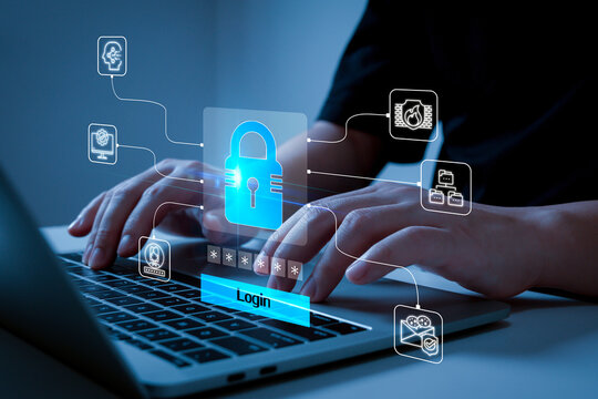 Data Protection Security. user login on laptop computer, data protection application, backup storage management, anti virus, firewall, cloud storage tech, internet network technology concept