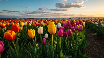 Vibrant tulip field at sunset with warm tones. AI generated