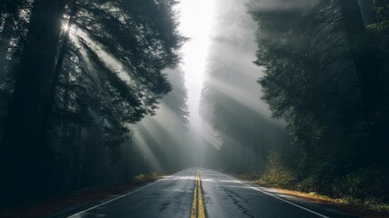 Sunlit forest road with atmospheric mist. AI generated