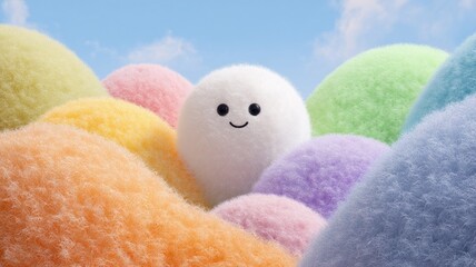 Smiling fuzzy white ball among colorful soft shapes. AI generated
