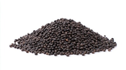 Pile of black mustard seeds on white background. AI generated