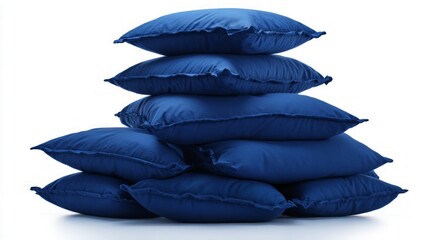 Stack of blue cushions on white background. AI generated