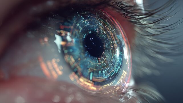 Future woman with cyber technology eye panel concept. AI generated