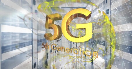 Animation of 5g text over a globe and mathematical equations against computer server room - Powered by Adobe