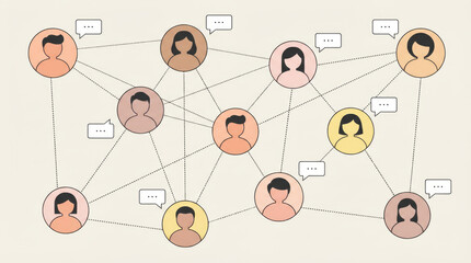 Illustration of multiple person icons connected by lines representing a network or social connections white background cutout