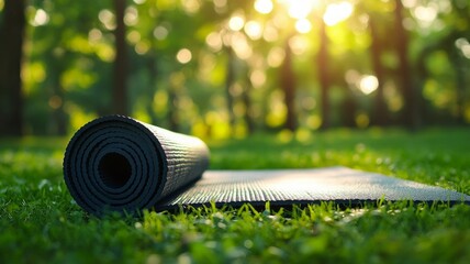 Yoga mat on sunlit grass with blurred trees. AI generated