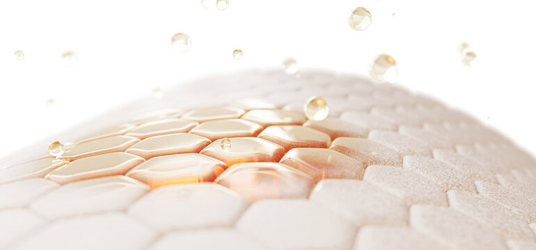 3d dry skin cells with redness and gold oil drops. Epidermis layer with red damaged spot, floating yellow fluid bubbles. Moisture, treatment of acne, rosacea, couperose or dermatitis