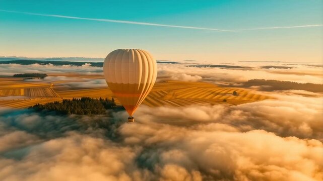 Hot air balloon flying above a sea of clouds at sunrise overlooking misty forested hills and a serene autumn landscape in warm golden light