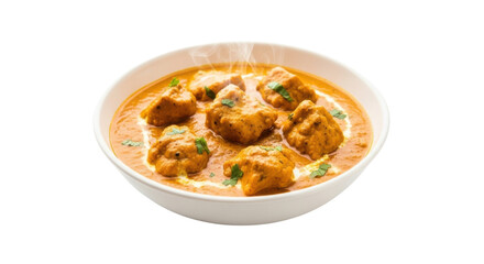 Hot steaming bowl of Indian chicken tikka masala with fresh cilantro garnish food