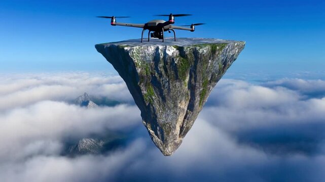 Drone orbiting an inverted mountain with peak pointing downward above clouds, seamless 4K loop