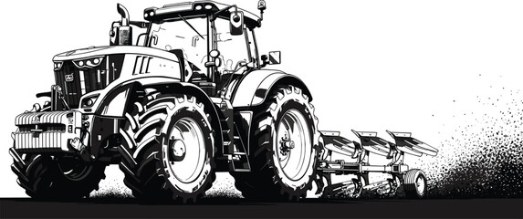 Black and white vector illustration of a modern farm tractor plowing soil, heavy agricultural machinery working on rural farmland isolated on white background, © MdShahadot