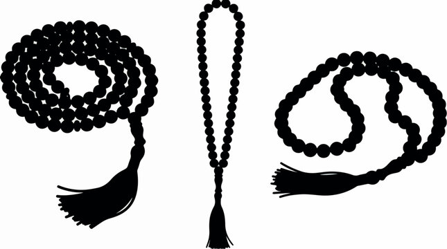 Three black silhouette prayer beads with tassels a symbol of spiritual devotion and meditation.