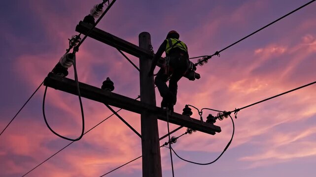 Lineman Technician Working on Power Lines High Above Ground During Dramatic Sunset Sky