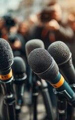 multiple microphones stand ready for a press conference