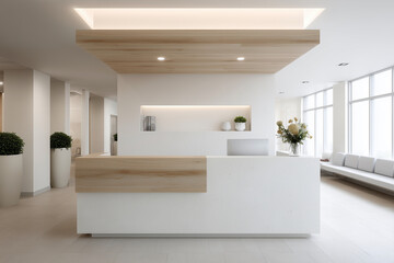 Fototapeta premium A modern office lobby with a wooden counter and a white wall