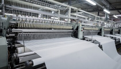 Medium shot of warp knit fabric production showing large machines weaving continuous polyester sheets in an industrial textile factory environment.