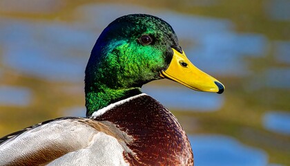 Male mallard duck with iridescent green head, bright yellow bill, and detailed plumage